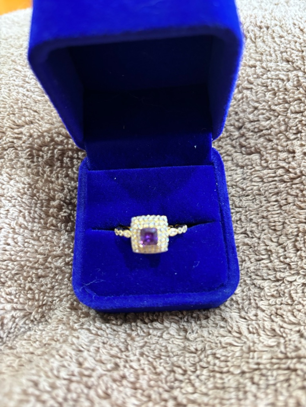 Purple Square Halo 18kt Gold filled Ring with Pavé Band size 9